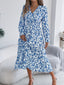 Robe longue élégante à col en V croisé avec motif floral, taille ajustée et ourlet à volants pour femme
