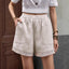 Shorts d'été pour femmes, style rétro, en coton et lin, creux, au crochet, avec dentelle, coupe artistique