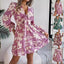 Nouvelle robe courte à manches longues et col en V avec imprimé floral, volants, nœud papillon et coupe trapèze pour femme.