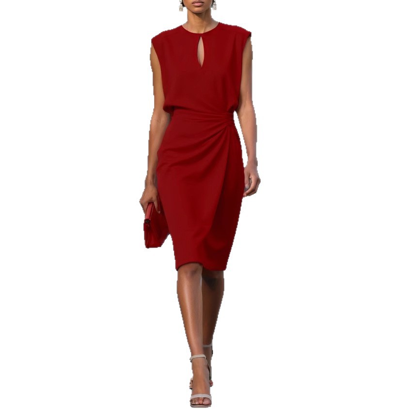 Robe midi évasée décontractée d'été légère pour femme - Robe de soirée élégante de couleur unie avec col rond et devant croisé noué