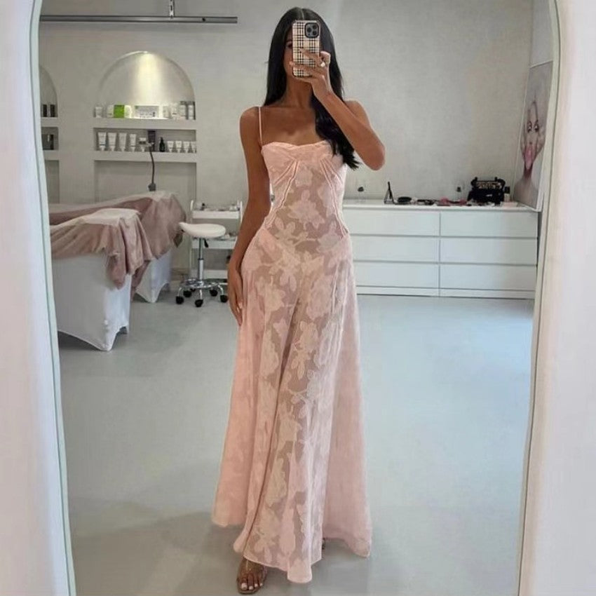 Sexy Flowers Lace Suspender Dress Summer Fashion Slim Back Lace-up Long Dresses Party Evening Club Clothing For Women