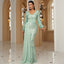 Robe de soirée longue à sequins, manches longues, col en V, avec ruban