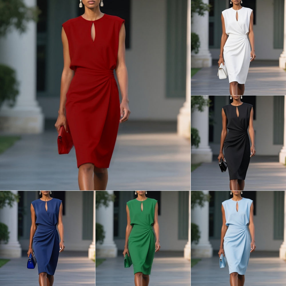 Robe midi évasée décontractée d'été légère pour femme - Robe de soirée élégante de couleur unie avec col rond et devant croisé noué