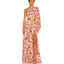 Robe moulante fendue asymétrique à manches longues bouffantes, motif floral ajouré