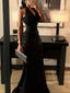 Robe sirène noire à paillettes, dos nu et détails scintillants