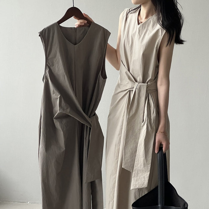 Waist Trimming Lace Up Sleeveless Dress Summer New