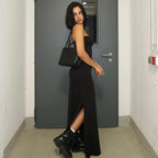 Robe longue fendue coupe ajustée de couleur unie
