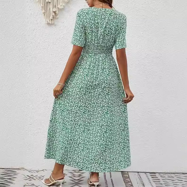 Nouvelle Robe d'Été Imprimée à Col en V avec Fente et Manches Courtes pour Femme Main Image