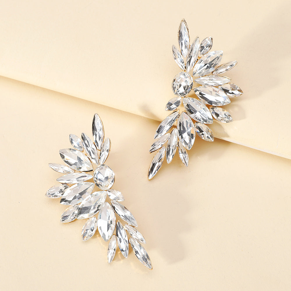 Boucles d'oreilles clous de luxe en cristal en forme d'ailes, strass scintillants, bijoux élégants pour femmes, soirée, mariage, bal de promo