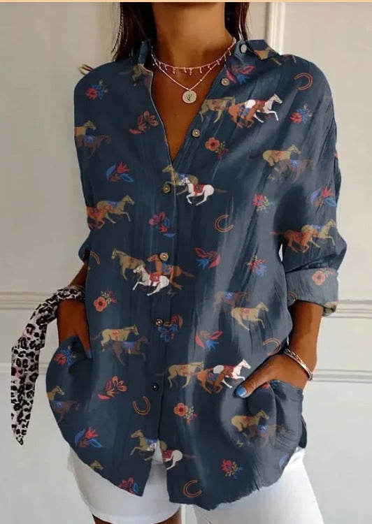 Chemise à la mode avec impression, revers et manches longues pour femme