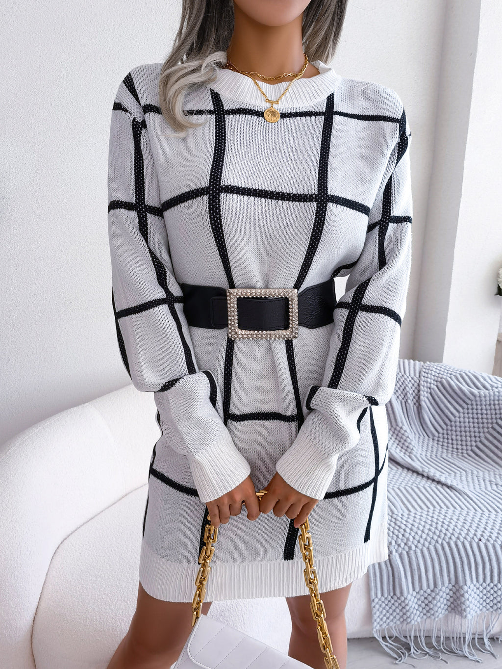 Robe pull décontractée à manches longues à carreaux color block