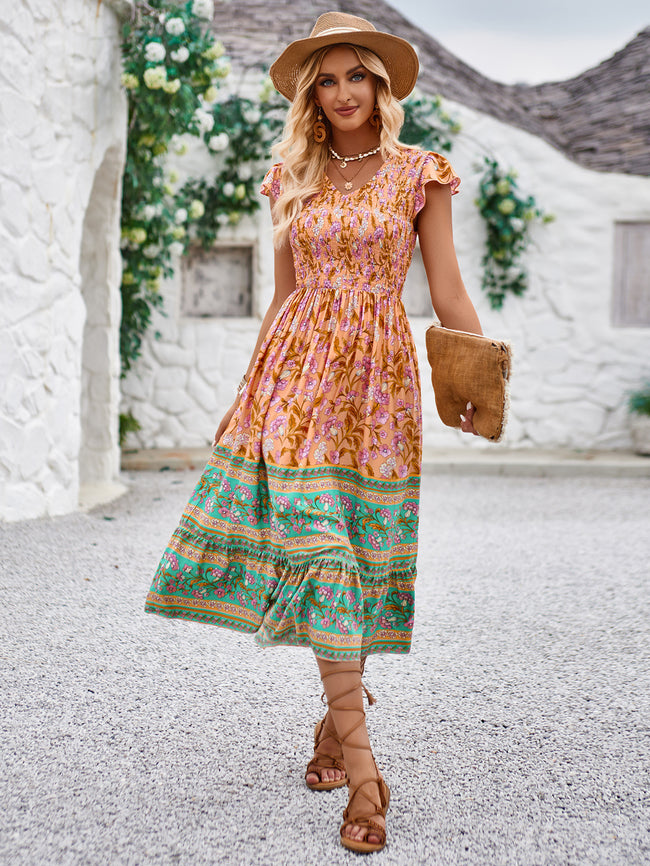 Nouvelle Robe Imprimé Floral Col V Été Décontractée Volants Sans Manches Robes Bohème Vacances Plage pour Vêtements Femme Main Image