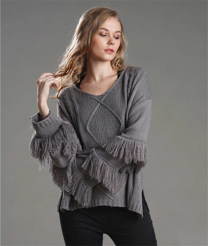 Pull Ample Femme Couleur Unie à Pompom