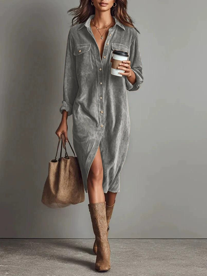 Robe Décontractée Chic à Col Rabattu et Boutons, Robe de Soirée Simple Unie pour Femmes Printemps Automne, Robe Longue à Manches pour Dames en Vacances