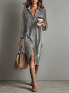 Robe Décontractée Chic à Col Rabattu et Boutons, Robe de Soirée Simple Unie pour Femmes Printemps Automne, Robe Longue à Manches pour Dames en Vacances