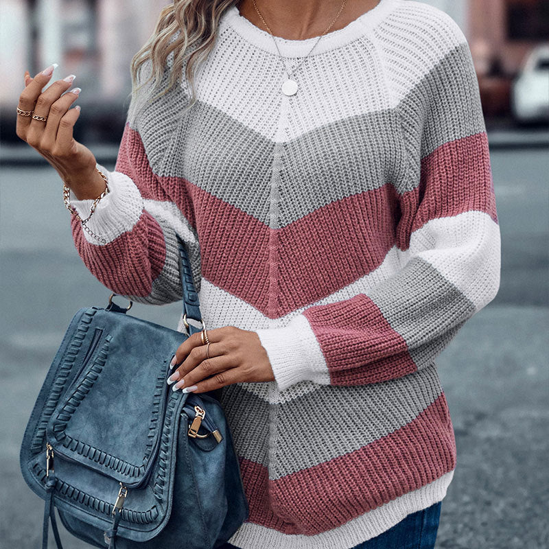 Pull décontracté à col rond et rayures pour femme