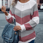 Pull décontracté à col rond et rayures pour femme