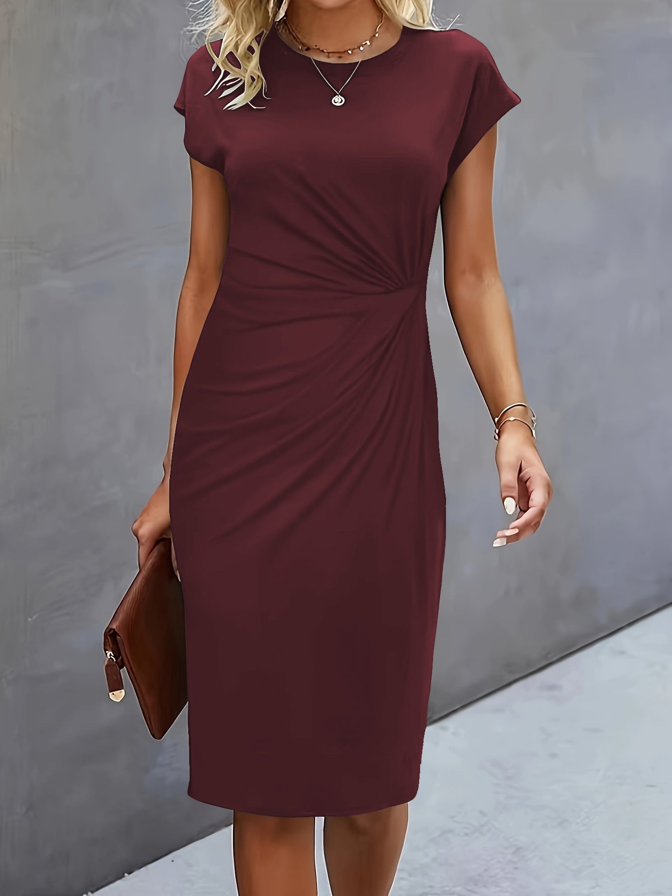 Robe mi-longue décontractée à col rond avec nœud sur le devant pour femme