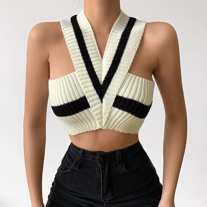 Haut court dos nu rayé en maille à col en V pour femme