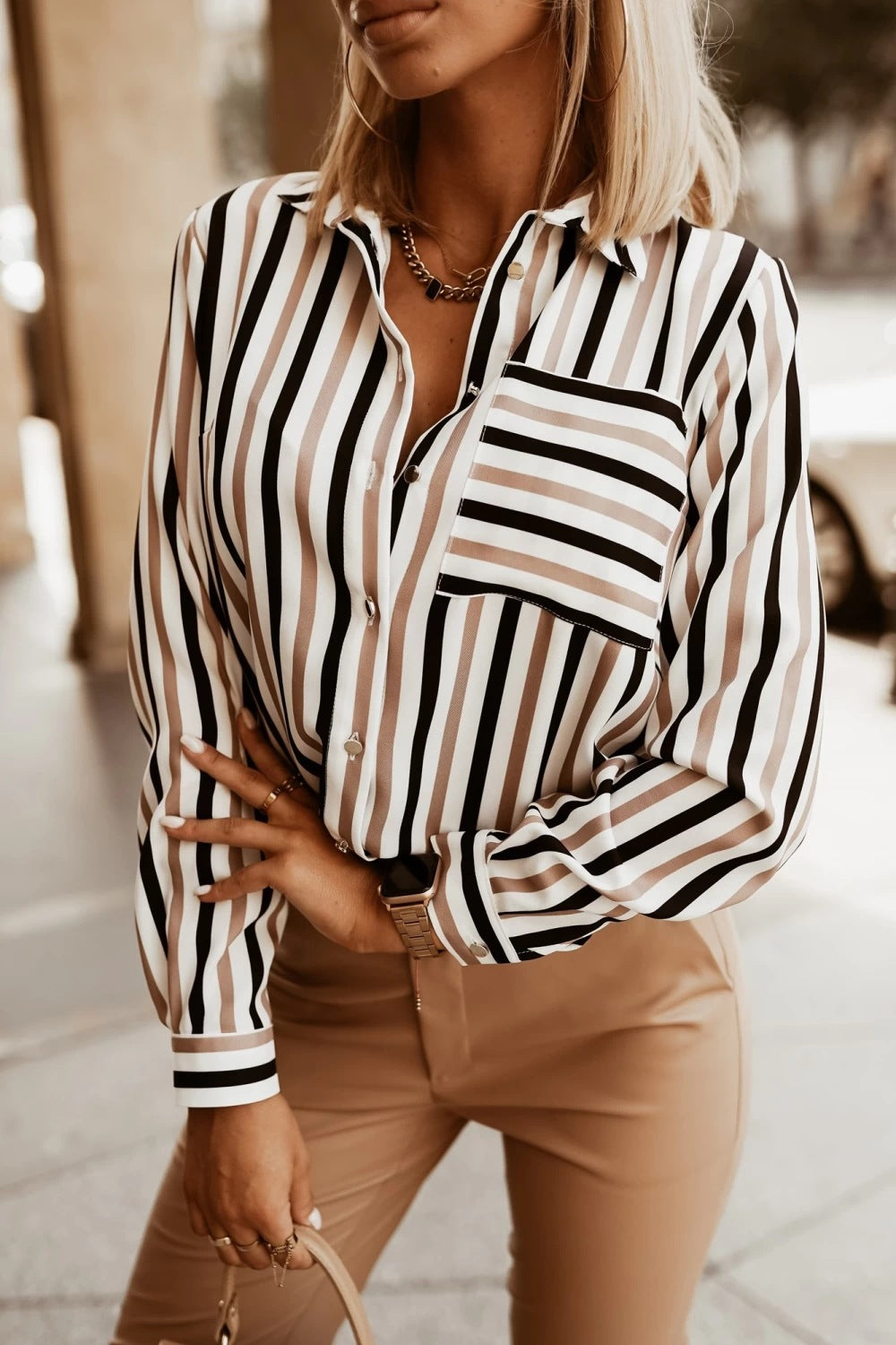 Versatile Simple Striped Printed Collar Shirt For Women