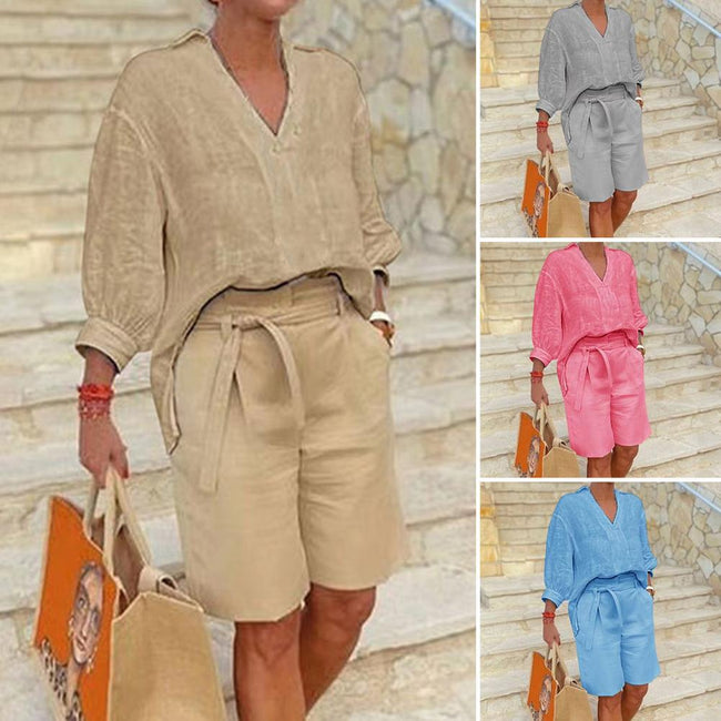 Nouvel ensemble décontracté deux pièces ample en coton et lin pour femme Hover Image