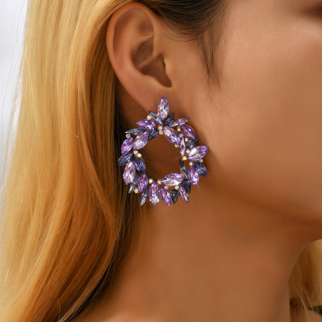 Boucles d'oreilles clous en cristal pour femmes, avec strass brillants, motif floral, multicolores, pour fête, mariage, bal de promo Main Image