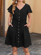 Robe de plage en coton et lin avec poches, manches papillon et boutonnage