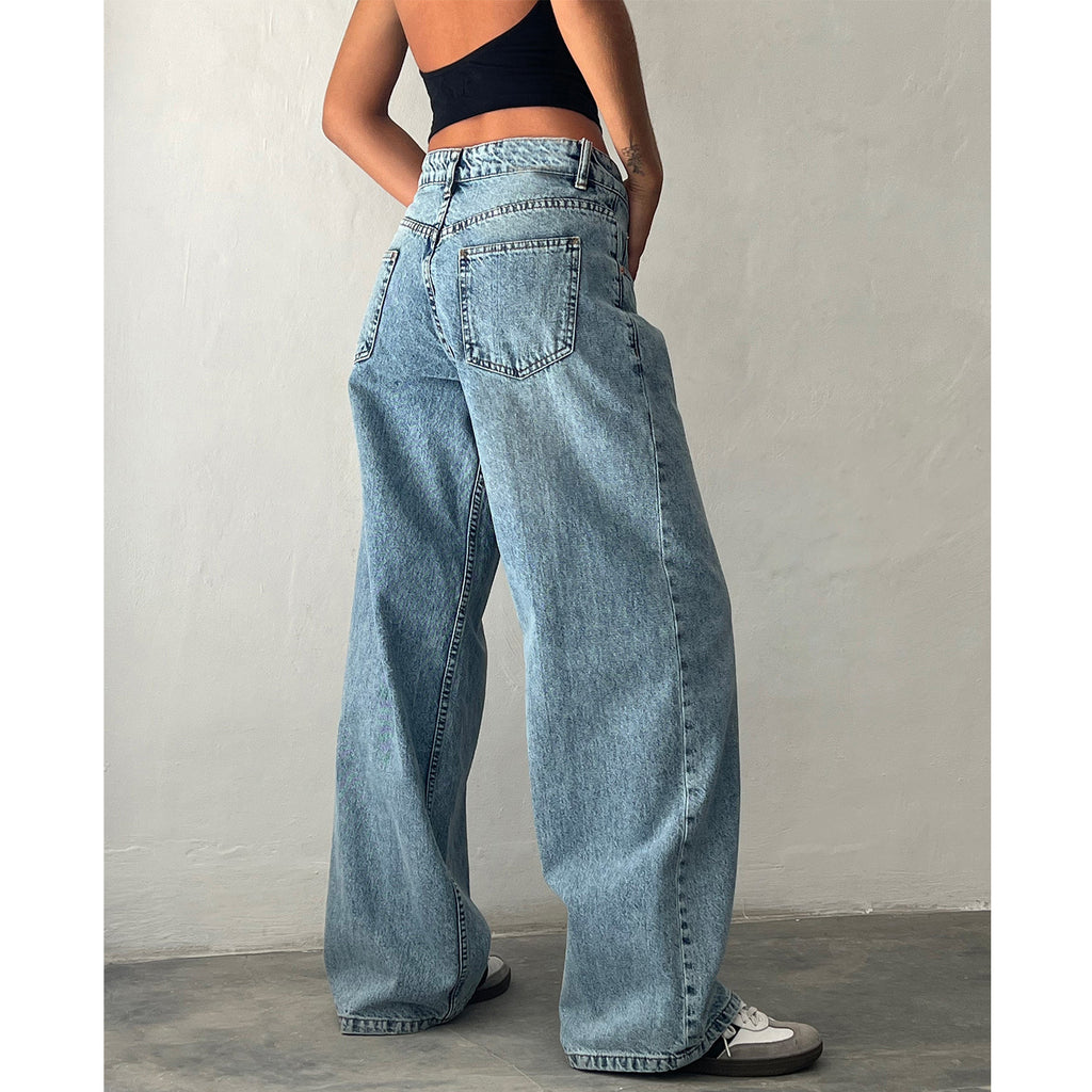 Jean droit délavé taille basse non élastique pour femme