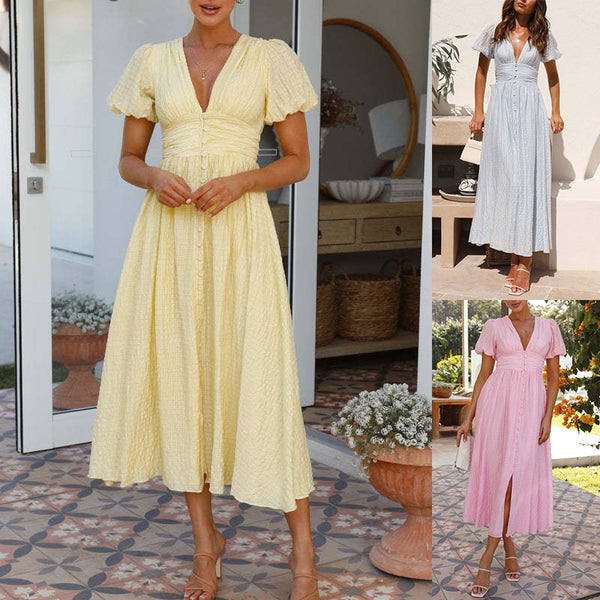 Robe d'été à col en V et manches courtes, taille cintrée, manches bouffantes, pour femmes