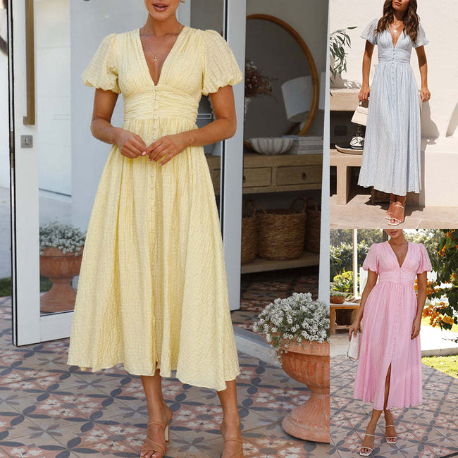 Robe d'été à col en V et manches courtes, taille cintrée, manches bouffantes, pour femmes Hover Image