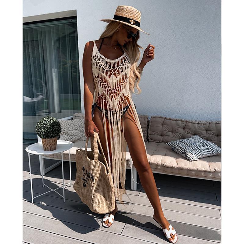 Robe de plage chemisier, bikini à pompons tricoté