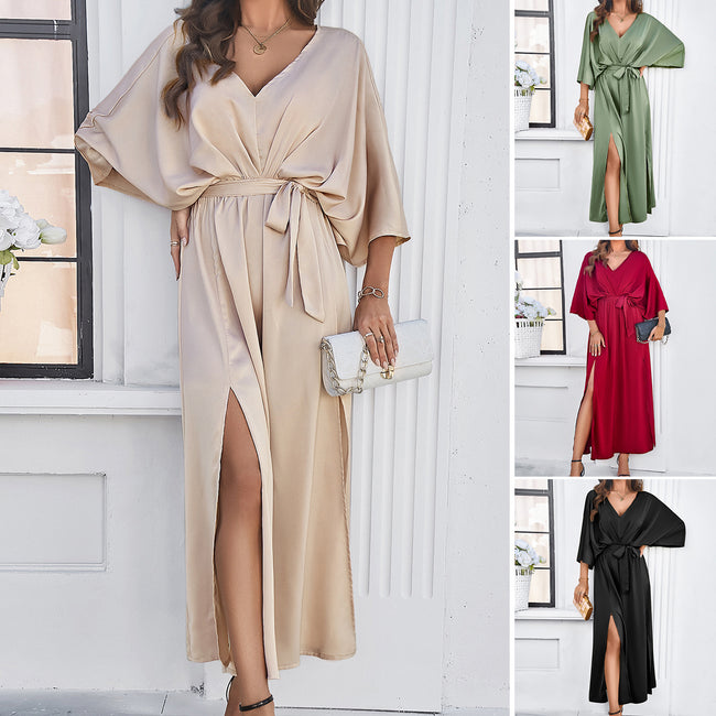 Fashion Bat Sleeve Long-sleeved V-neck Dress With Split Design Temperament Loose High Waist Lace-up Long Dresses Women Clothing Hover Image