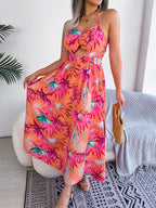 Robe longue de plage sans manches à imprimé floral et découpes pour femme