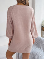 Robe Pull Femme Tricoté Torsadé Couleur Unie Manches Lanternes Resserrées