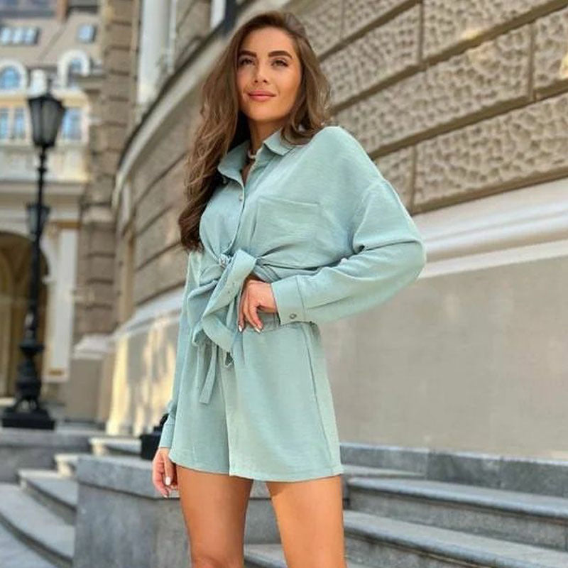 Ensemble deux pièces de shorts d'été à lacets et chemise ample en lin décontracté à la mode pour femmes de style européen et américain