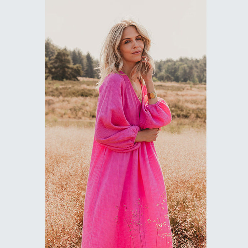 Robe ample col en V manches lanternes pour femme