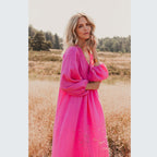 Robe ample col en V manches lanternes pour femme