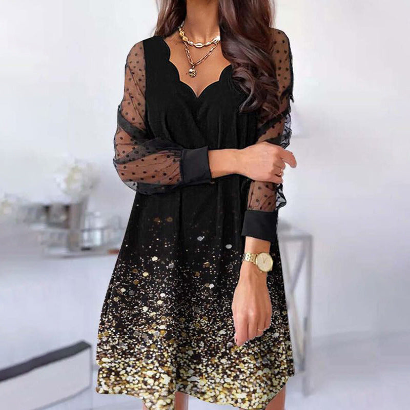 Robe décontractée à manches longues en dentelle avec col en V ondulé