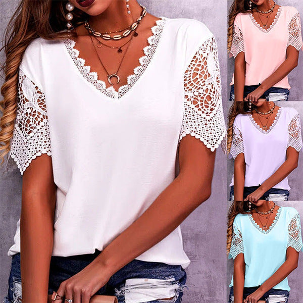 Tops en dentelle femme été col en V ample manches courtes chemises décontractées