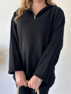 Vêtements d'automne pour femmes Couleur unie Fermeture éclair Tricot Col roulé Côtelé Tenue d'intérieur Ensemble deux pièces
