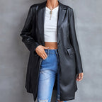 Blazer coupe-vent long en cuir slim à manches longues pour femme
