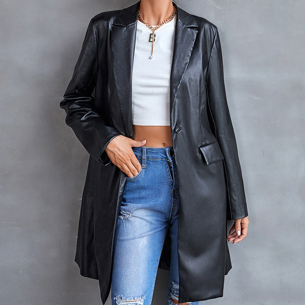 Blazer coupe-vent long en cuir slim à manches longues pour femme