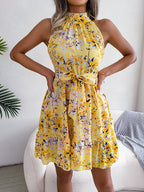 Femmes Robe Fluide à Imprimé Floral, Taille Nouée et Ourlet Volanté Élégante