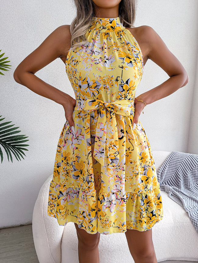 Femmes Robe Fluide à Imprimé Floral, Taille Nouée et Ourlet Volanté Élégante Main Image