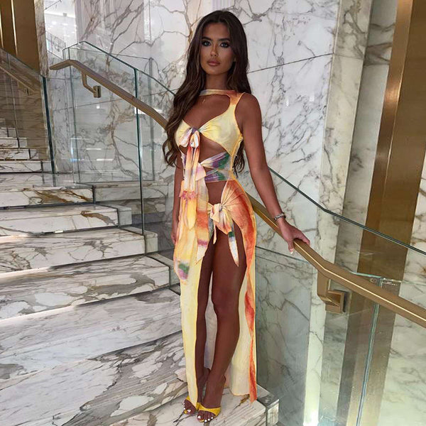 Robe Femme Fendue Haute à Lacets Imprimé Dégradé