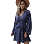 Robe longue à manches longues imprimé pois col en V manches lanternes taille plissée coupe ajustée évasée Vêtements pour femmes