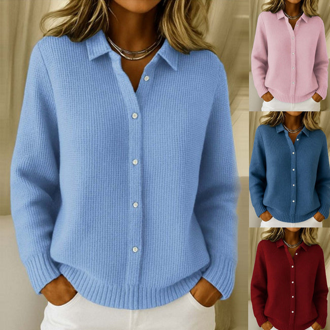 Pull décontracté pour femme, à boutons, col revers, manches longues, hauts tricotés, pull d'hiver Hover Image