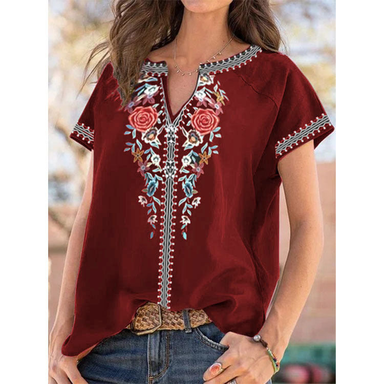Haut T-shirt femme d'été à manches courtes imprimé ethnique
