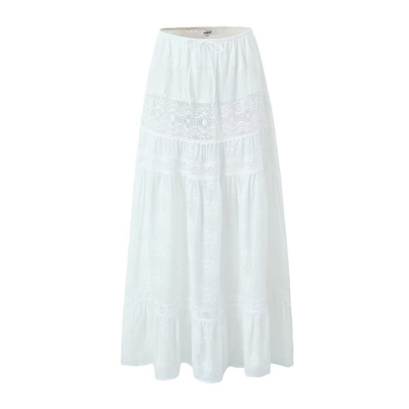 Haut court en dentelle à épaules dénudées, petite taille, robe longue patchwork à taille haute avec cordon de serrage