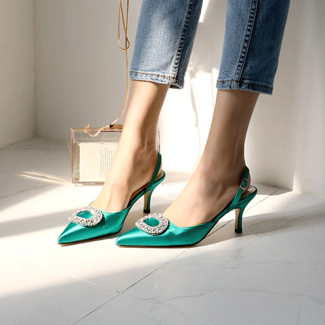 Escarpins élégants à talons hauts en strass pour femmes, chaussures de mariée rouges en soie à bout pointu, sandales de soirée à boucle et cristaux Hover Image